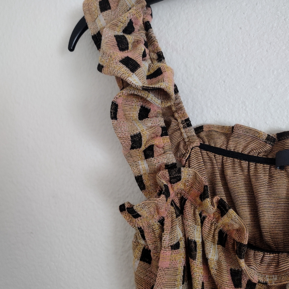 Eva Franco Ruffled Checkered Square Patterned Tan Multicolor Top Size Medium - Picture 8 of 13